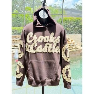 Crooks & Castles Mens Brown Oversized Chenille Patch Graphic Hoodie Size M NEW